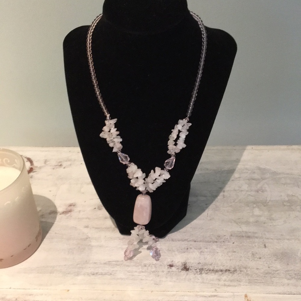 Shades of pink beaded necklace with drop.